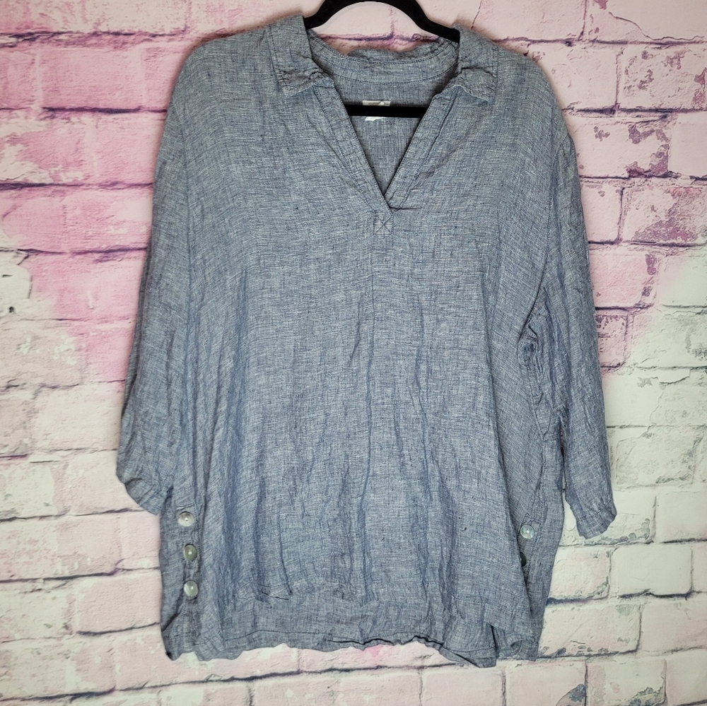 SIGRID OLSEN BLUE SPECKLED V NECK POPOVER 100% LINEN TUNIC BLOUSE